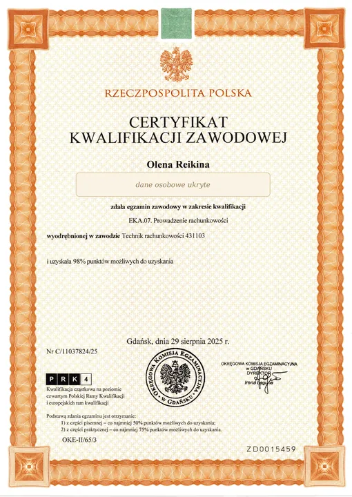 Certyfikat kwalifikacji zawodowej EKA.07 — Olena Reikina