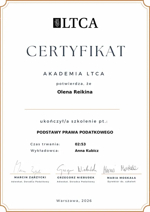 Podstawy prawa podatkowego — certyfikat Olena Reikina